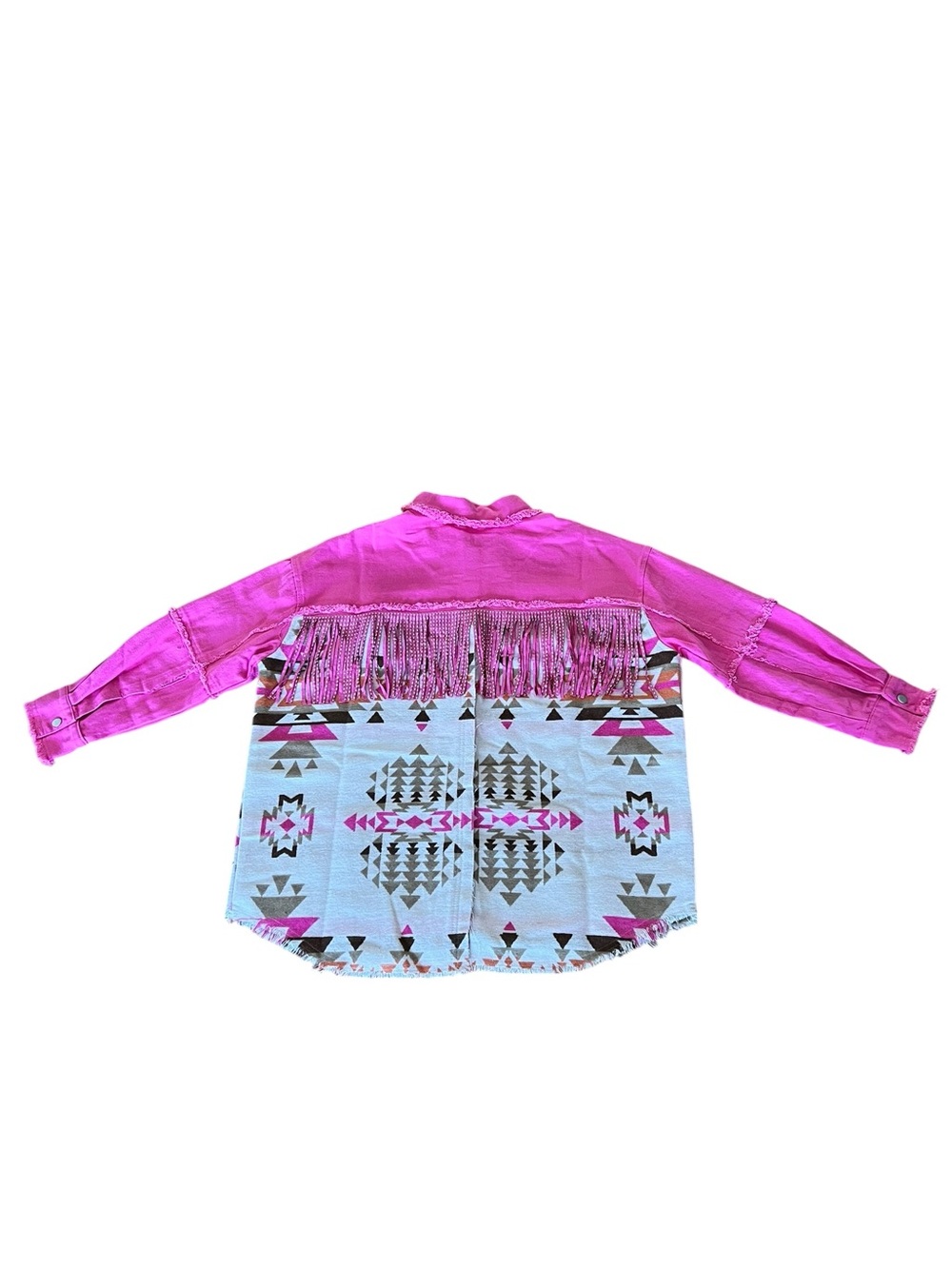 New blue b Hot Pink Taupe Silver Stud Fringe Aztec Flannel Twill Jacket Shacket - Picture 5 of 5